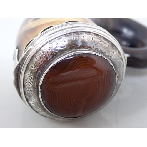 18 - A white metal mounted horn Snuff Mull, the lid inset banded agate and engraved John Donaldson, 3in