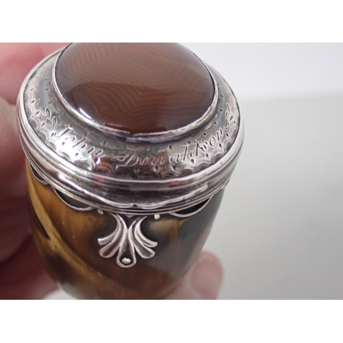 18 - A white metal mounted horn Snuff Mull, the lid inset banded agate and engraved John Donaldson, 3in