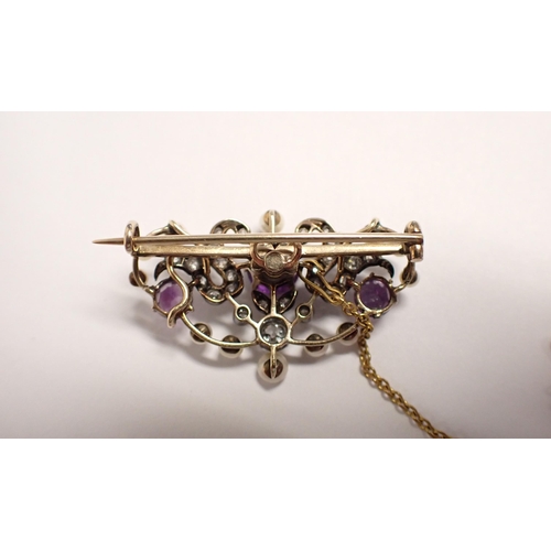 185 - An Amethyst, Diamond and Pearl Brooch the openwork plaque claw-set three round amethysts within old ... 