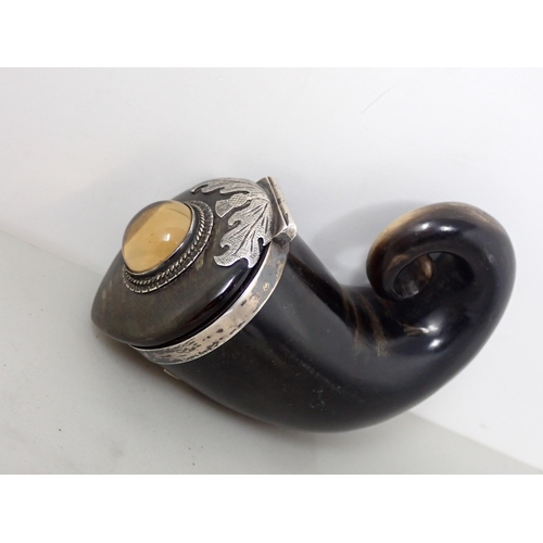 19 - A white metal mounted horn Snuff Mull, the hinged lid engraved thistle and inset cabochon Cairngorm,... 