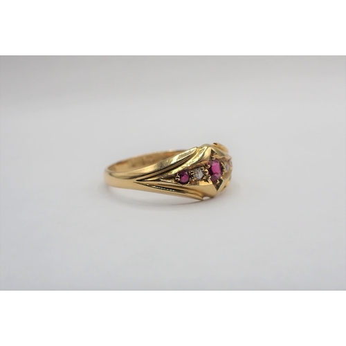 197 - An early 20th Century Ruby and Diamond five stone Ring pavé-set three cushion-cut rubies with old-cu... 