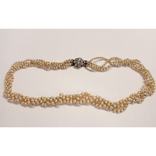 200 - A Victorian four strand graduated Pearl Necklace on diamond cluster clasp set eight old-cut stones i... 