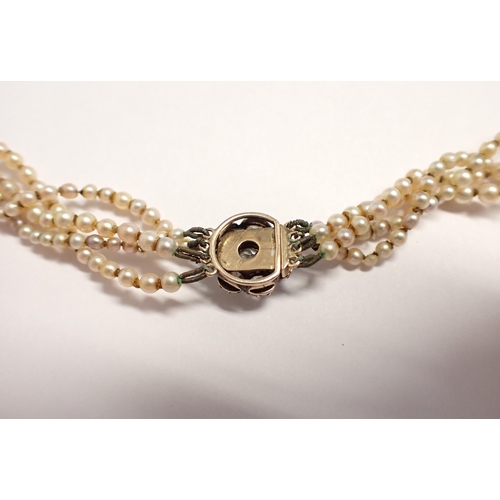 200 - A Victorian four strand graduated Pearl Necklace on diamond cluster clasp set eight old-cut stones i... 