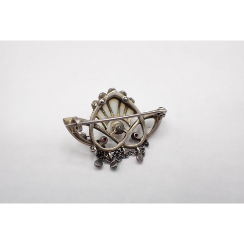 203 - An Art Nouveau Brooch set rose-cut diamonds, plique a jour enamel and cultured pearl, stamped STERLI... 