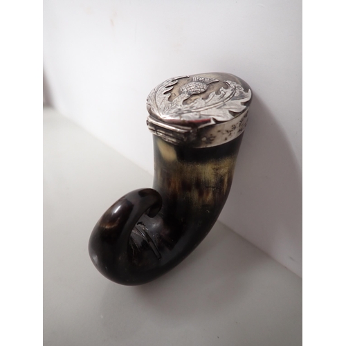 22 - A white metal mounted horn Snuff Mull, the hinged lid engraved thistle, 2½in