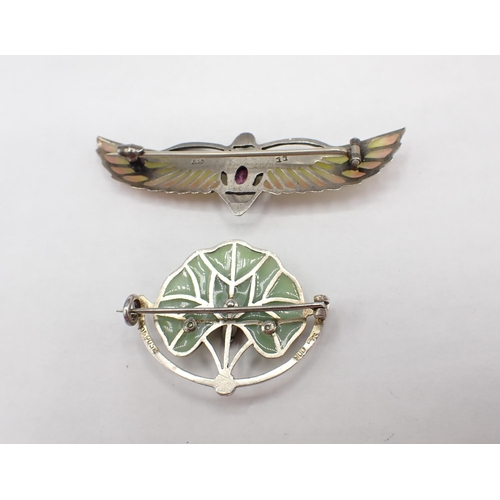 232 - An Art Nouveau plique a jour enamel flower Brooch marked DEPOSE 900 and an Art Deco Brooch of bird i... 