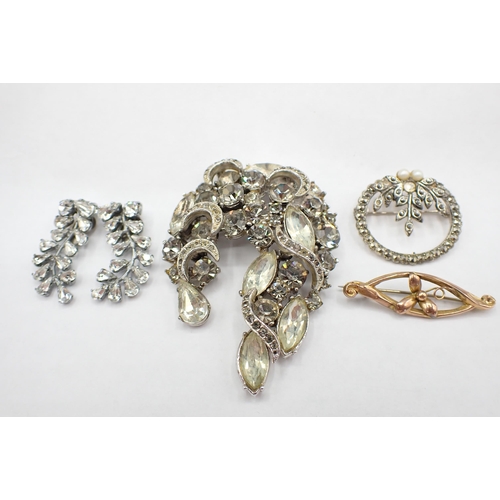 233 - A pair of vintage paste-set Ear Clips, a large paste-set Brooch, a Brooch set marcasite and faux pea... 