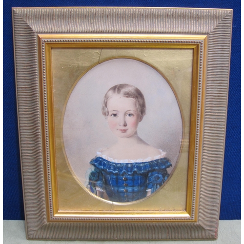 258 - SCOTTISH SCHOOL, CIRCA 1840. Portraits of Children wearing lace-trimmed blue tartan dresses, the bac... 