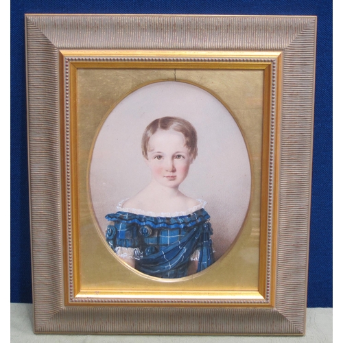 258 - SCOTTISH SCHOOL, CIRCA 1840. Portraits of Children wearing lace-trimmed blue tartan dresses, the bac... 