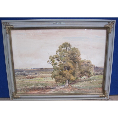 262 - CLAUDE HAYES, RI (1852-1922). Harvest-time; and On the Downs, signed, watercolour, 21 x 29in; a pair... 