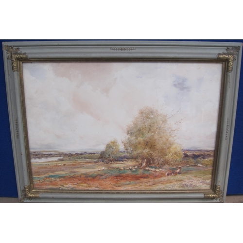 262 - CLAUDE HAYES, RI (1852-1922). Harvest-time; and On the Downs, signed, watercolour, 21 x 29in; a pair... 