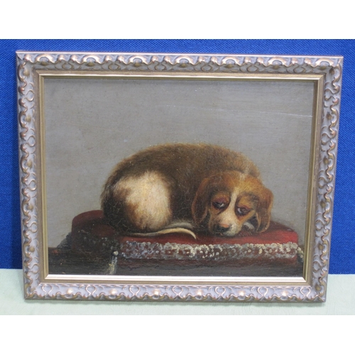 269 - CONTINENTAL SCHOOL, 19th CENTURY. A Spaniel on a Cushion, oil on panel, 9 1/2 x 12in