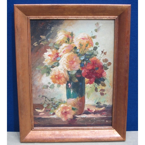 271 - E. DORIAN. (mid 20th Century). A Still Life of mixed flowers in a vase on a ledge, signed, oil on bo... 