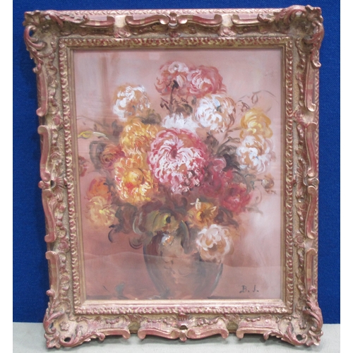 272 - B.J. Chrysanthemums in a vase, signed with initials, mixed media on board, 15 x 11 1/2in