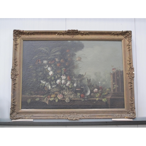 284 - TWENTIETH CENTURY SCHOOL. A Still Life of mixed flowers and glass bowl on a ledge, oil on canvas, 38... 