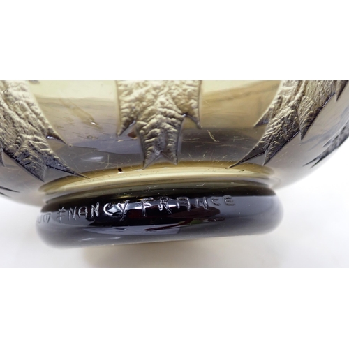 295 - An amber Art Glass Bowl with frosted leafage frieze, 7½in diam, foot rim marked Daum # Nancy, France