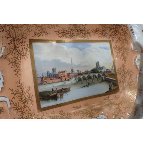 297 - A Chamberlain Worcester basket Dish, painted scene of Worcester Cathedral, river, bridge and boats w... 