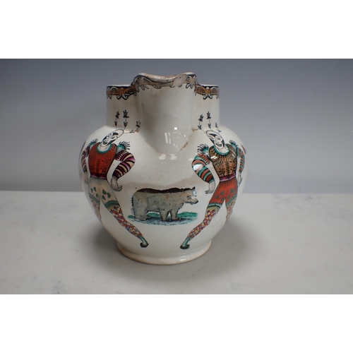 300 - An Elsmore and Forster Jug decorated polychrome lustre prints of jesters, various animal and bird fi... 