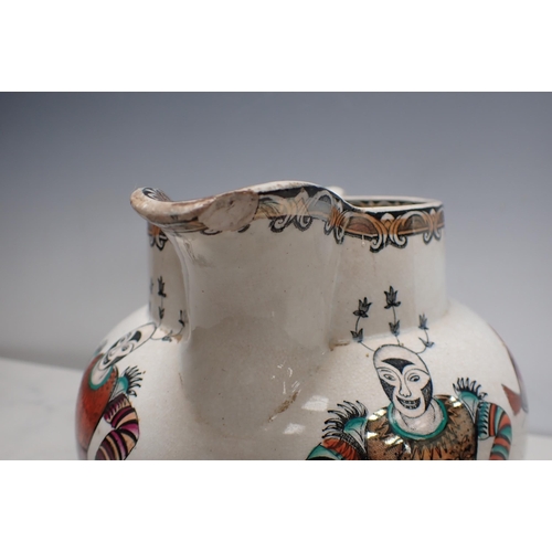 300 - An Elsmore and Forster Jug decorated polychrome lustre prints of jesters, various animal and bird fi... 