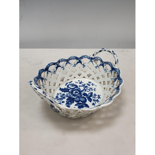 304 - An early Worcester oval two-handled Basket with trellis piercing and applied flower heads, pine cone... 