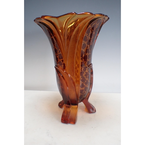 321 - An amber glass flared Vase with leaf designs to the moulded body, on rose feet, 11in H