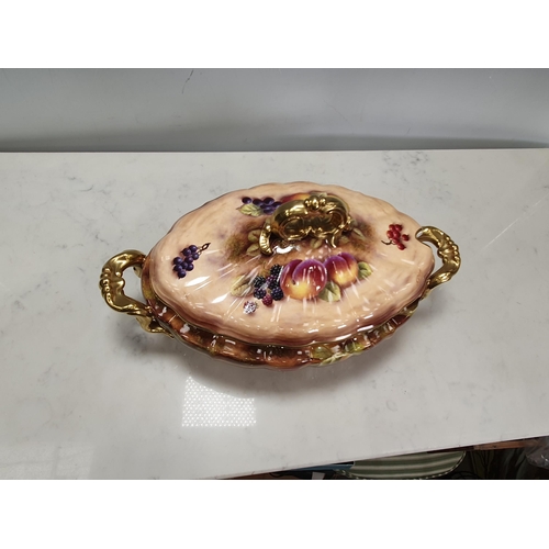 328 - A large Royal Worcester Tureen and Cover painted fruit and signed S. Smith with gilt scrolled handle... 