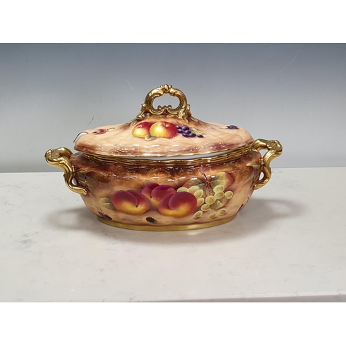 328 - A large Royal Worcester Tureen and Cover painted fruit and signed S. Smith with gilt scrolled handle... 