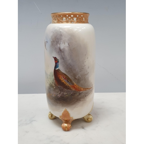 330 - A Royal Worcester Vase painted by James Stinton depicting a pheasant in the landscape with pierced u... 