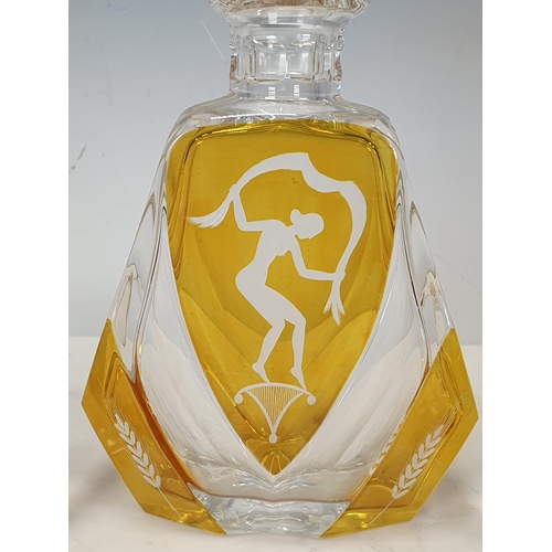 331 - A French Art Nouveau cut glass Liqueur Set, with a design of dancing female figure to the decanter a... 