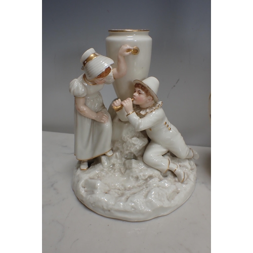 335 - A pair of Royal Worcester Figures of Youth and Young Girl holding Baskets, A/F and another with chil... 