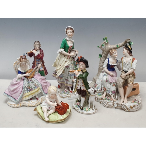 338 - A group of five Sitzendorf porcelain Figure including two couples, Musicians and another of a child ... 