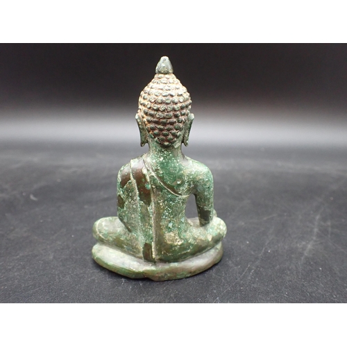 348 - A small bronze seated Buddha with green patination, 4in