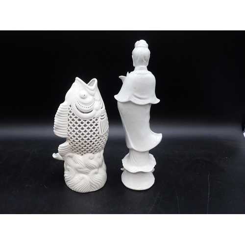 352 - A blanc de chine reticulated Fish and a Figure, 10in, A/F