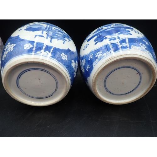 354 - A near pair of Chinese blue and white Ginger Jars with shaped oval reserves painted utensils, etc, p... 