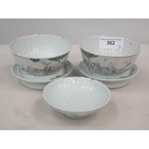 362 - Two Chinese Republican period Bowls and Stands and a similar pedestal Saucer, each decorated numerou... 