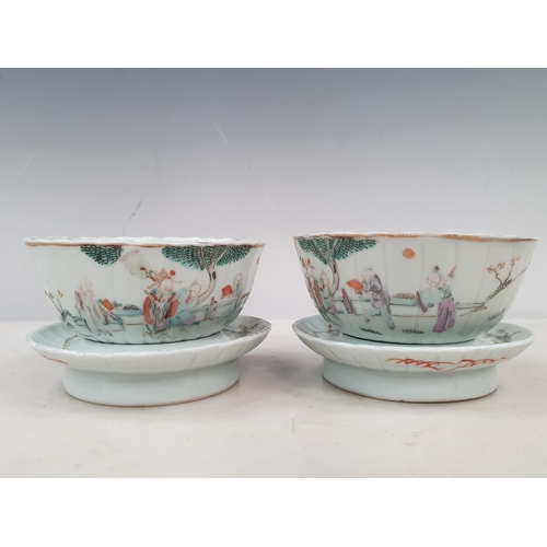 362 - Two Chinese Republican period Bowls and Stands and a similar pedestal Saucer, each decorated numerou... 