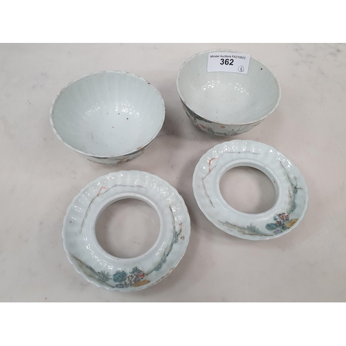 362 - Two Chinese Republican period Bowls and Stands and a similar pedestal Saucer, each decorated numerou... 