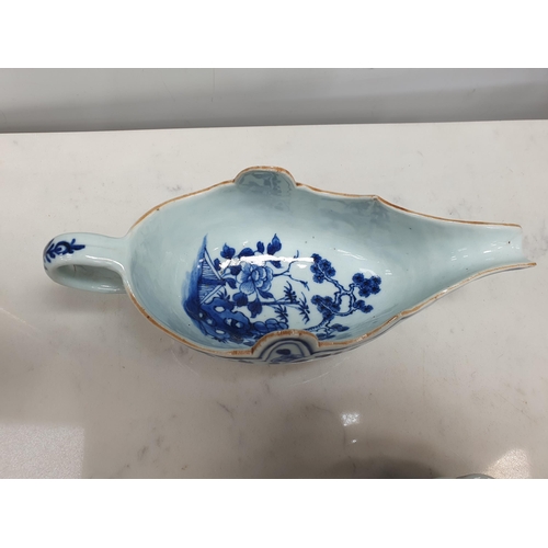 369 - Four Chinese blue & white Sauceboats, decorated flowers and landscapes, 9 1/2 and 7 1/2 in one A/F