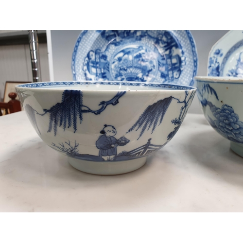 370 - A Chinese blue & white Bowl decorated landscape with flowers 9 1/4in Diam, another with landscape an... 