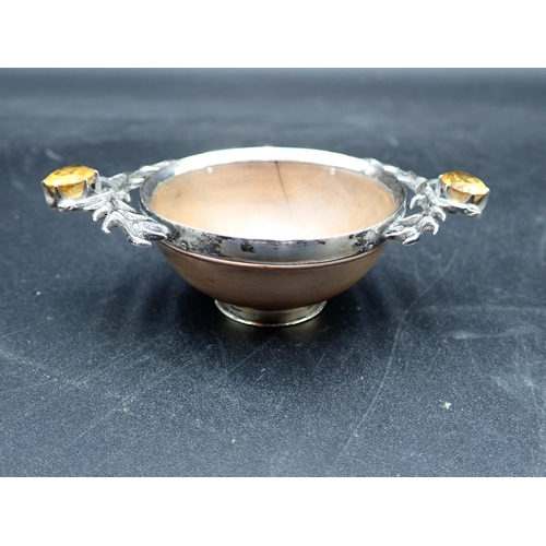 39 - A Scottish silver mounted treen Whisky Quaich, the centre engraved 'SGUAB AS 1', the ornate handles ... 