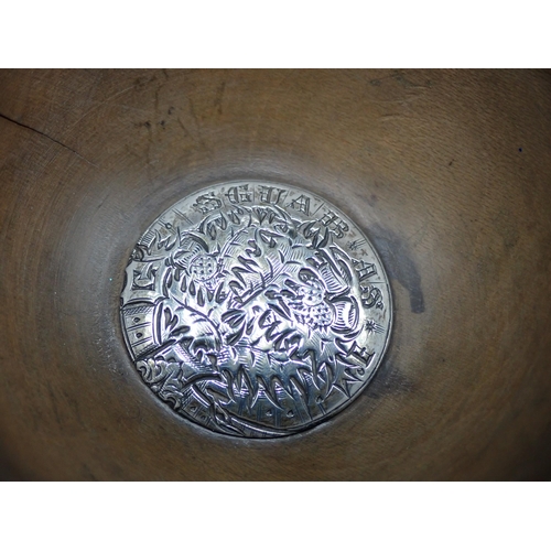 39 - A Scottish silver mounted treen Whisky Quaich, the centre engraved 'SGUAB AS 1', the ornate handles ... 