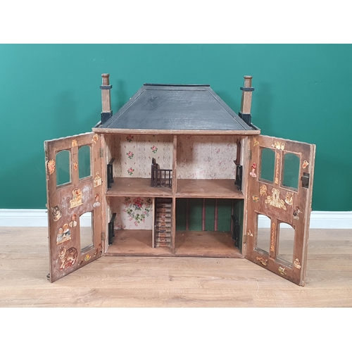 394 - A 19th Century brown painted pine Doll's House, the two cupboard doors enclosing four rooms with wal... 