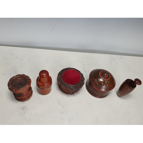 410 - A turned boxwood Bottle Case with threaded cover, 4¼in H, a small turned wood Pestle & Mortar, a tur... 