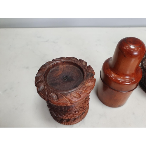 410 - A turned boxwood Bottle Case with threaded cover, 4¼in H, a small turned wood Pestle & Mortar, a tur... 