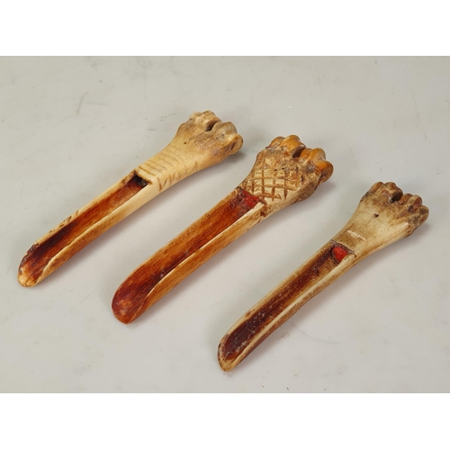 419 - Three Sheepshank Apple Scoops/Corers with carved designs and two carved initials, 4½in; three (3)