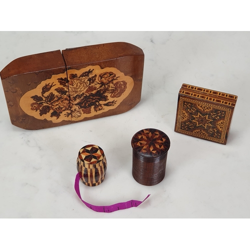 428 - A small Tunbridge ware Stamp Box and Cover with mosaic top, 2in square, a turned rosewood Pot and Co... 