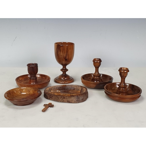 429 - A selection of Palestinian olive wood items including a 'Brighton Bun' type double Candlestick Holde... 