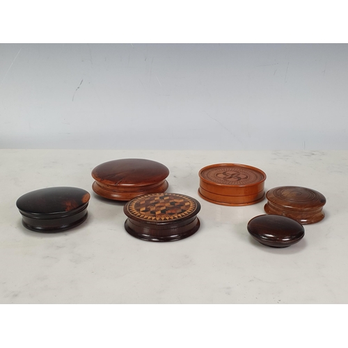 435 - A Collection of six circular wooden Snuff Boxes including a Tunbridge ware Box with geometric design... 