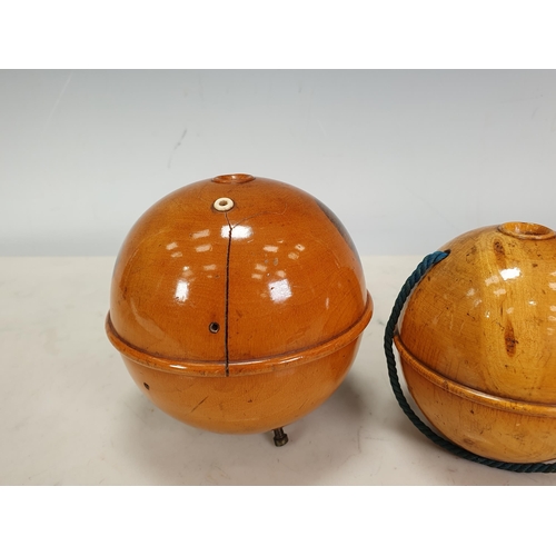 442 - Two Mauchlin-ware Wool Holders, spherical, one with peg feet (one foot replaced) 'Fingal's Cave, Sta... 