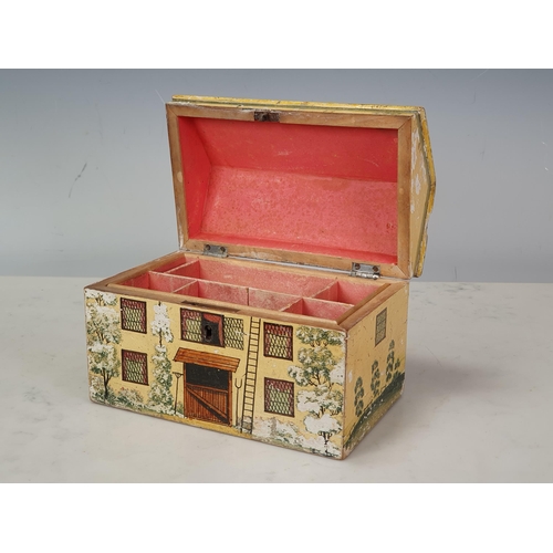 450 - A Folk Art Work Box in the form of a cottage with painted design, the pitched roof hinged cover cont... 